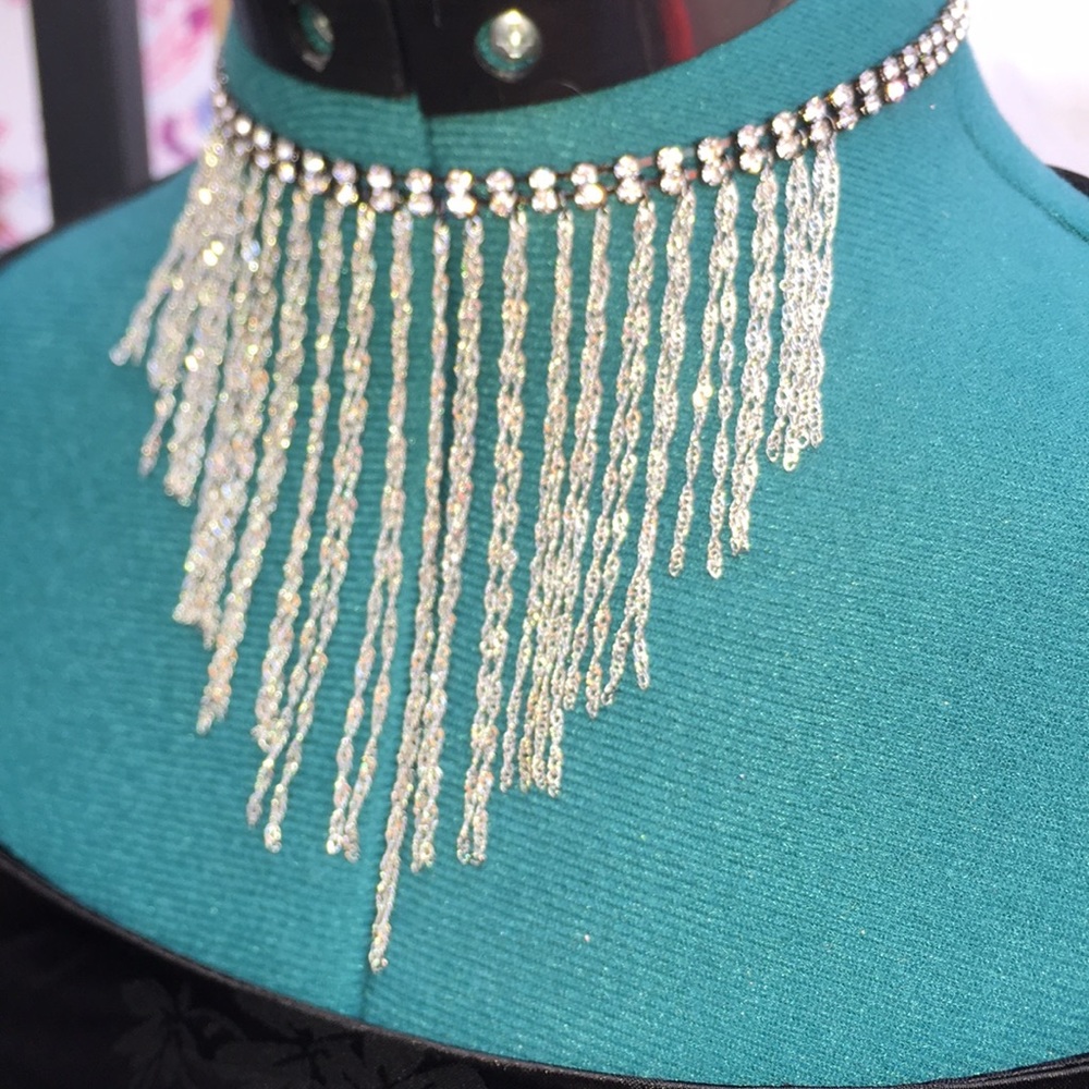 New Boho Rhinestone Silver Tone Bling Chain Fringe Bib Necklace
